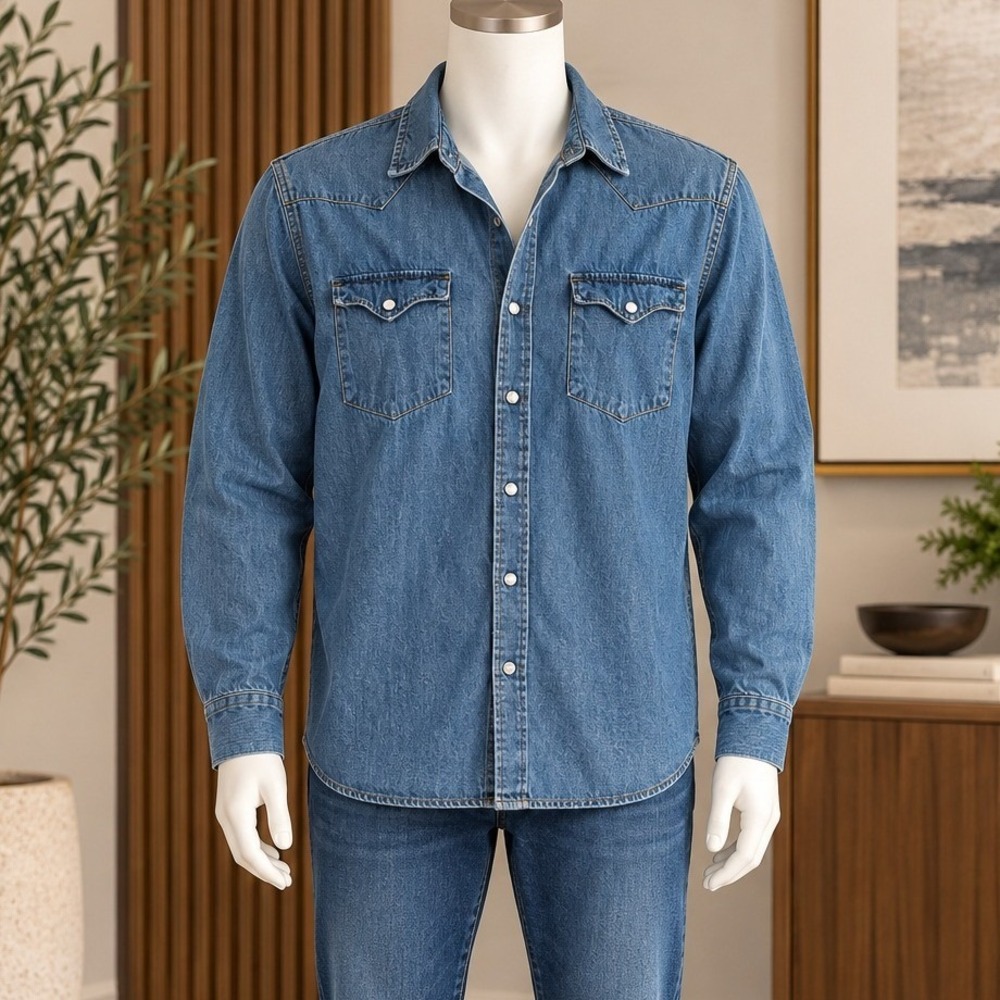 Levi's Mens Western Shirt Blue Denim Pearl Snap Long Sleeve Large